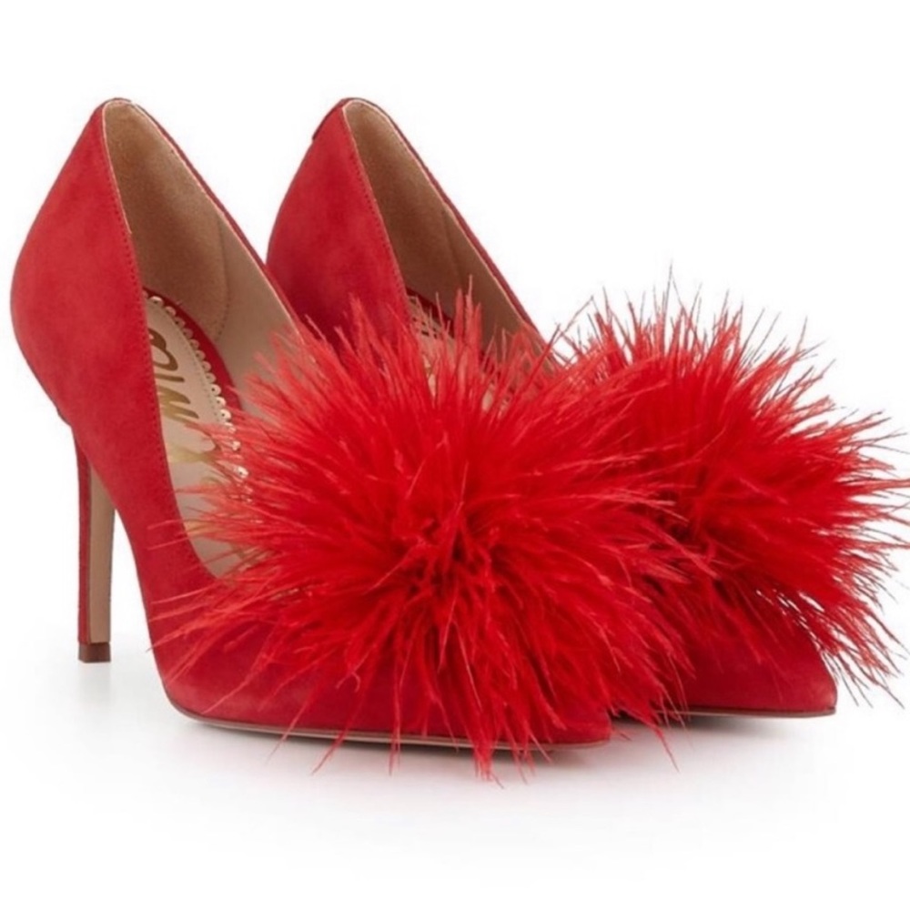 Sam Edelman Haide Red Suede Heels With Ostrich Poof Pom Poms